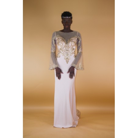 robes de soirée manches longue évasée rose
