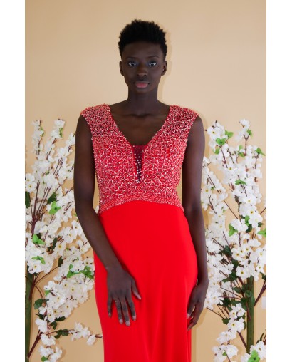 Robe rouge fourreau col V