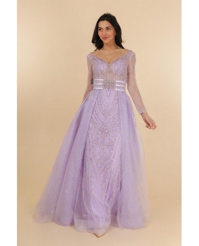 Robe de cocktail lilas manches longues entièrement perlée avec une sur-jupe Promarried