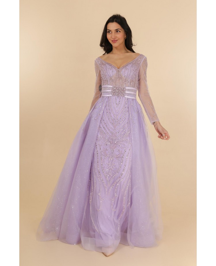 Robe de cocktail lilas manches longues entièrement perlée avec une sur-jupe Promarried