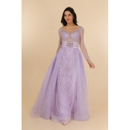 Robe de cocktail lilas manches longues entièrement perlée avec une sur-jupe Promarried