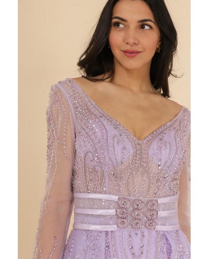 Robe de cocktail lilas manches longues entièrement perlée avec une sur-jupe Promarried
