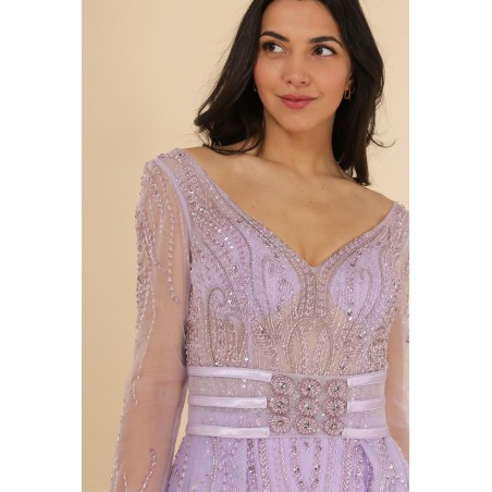 Robe de cocktail lilas manches longues entièrement perlée avec une sur-jupe Promarried