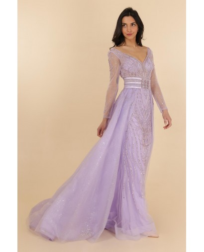 Robe de cocktail lilas manches longues entièrement perlée avec une sur-jupe Promarried