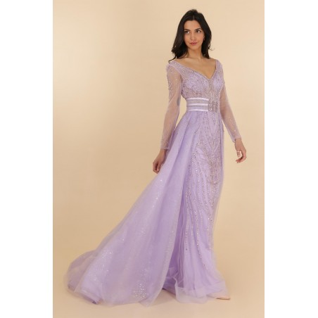 Robe de cocktail lilas manches longues entièrement perlée avec une sur-jupe Promarried