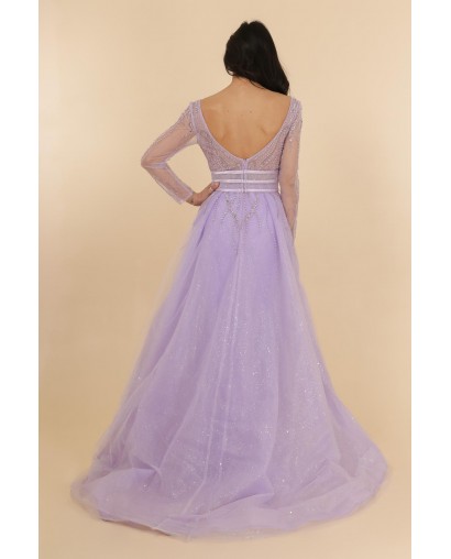 Robe de cocktail lilas manches longues entièrement perlée avec une sur-jupe Promarried