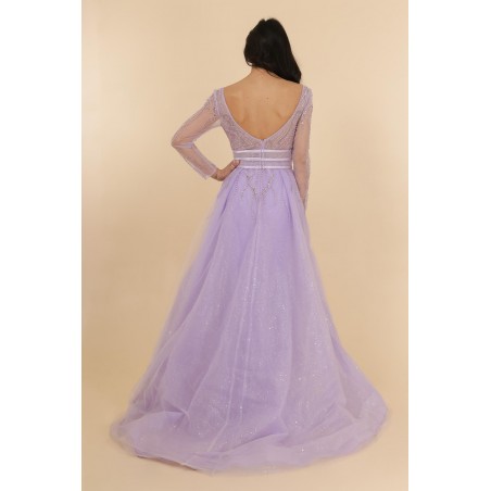 Robe de cocktail lilas manches longues entièrement perlée avec une sur-jupe Promarried