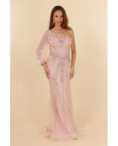 Robes de cocktail rose manche asymétrique coupe fourreau entièrement perlée