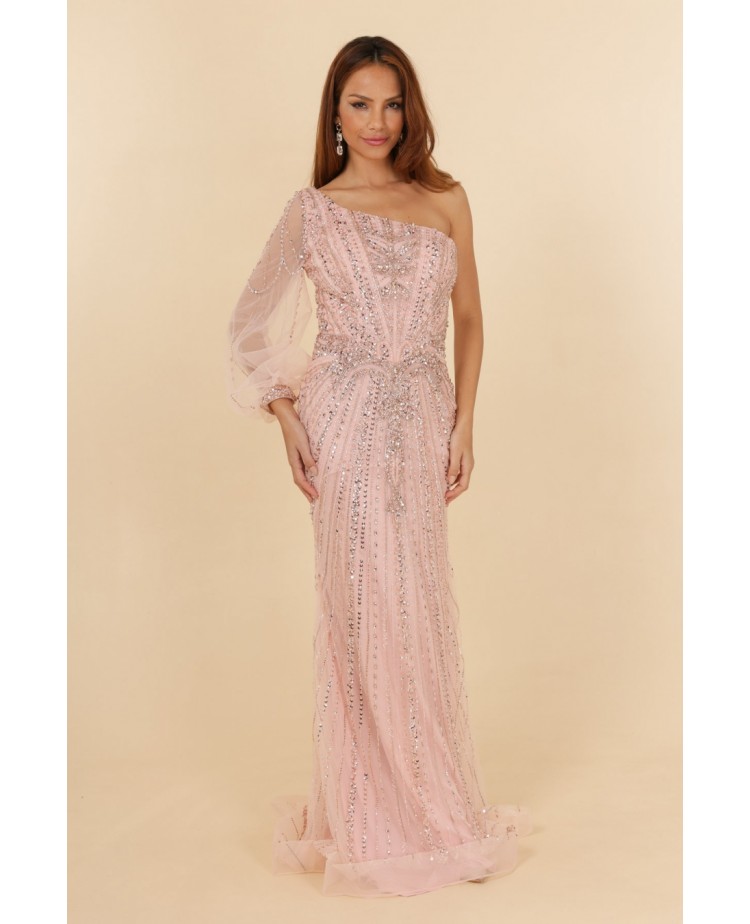 Robes de cocktail rose manche asymétrique coupe fourreau entièrement perlée