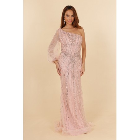 Robes de cocktail rose manche asymétrique coupe fourreau entièrement perlée