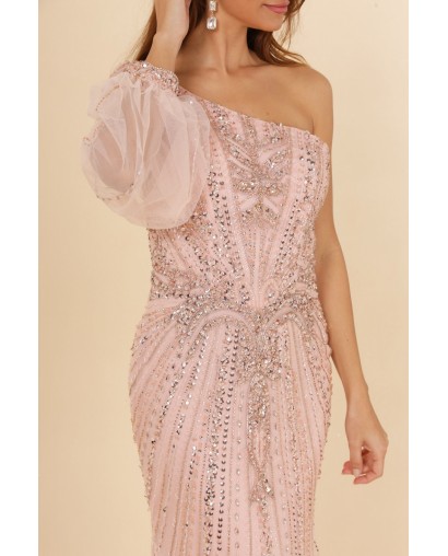 Robes de cocktail rose manche asymétrique coupe fourreau entièrement perlée