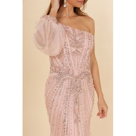 Robes de cocktail rose manche asymétrique coupe fourreau entièrement perlée