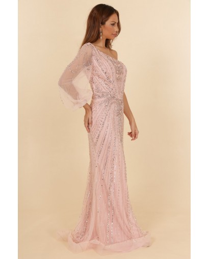 Robes de cocktail rose manche asymétrique coupe fourreau entièrement perlée