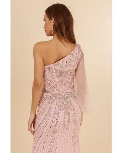 Robes de cocktail rose manche asymétrique coupe fourreau entièrement perlée