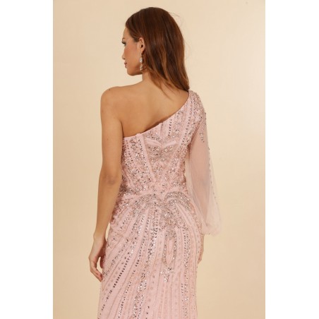 Robes de cocktail rose manche asymétrique coupe fourreau entièrement perlée