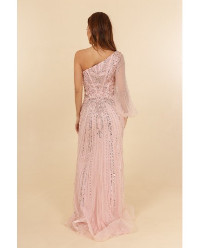 Robes de cocktail rose manche asymétrique coupe fourreau entièrement perlée