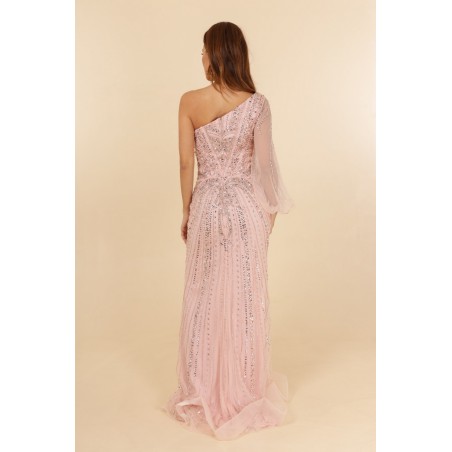 Robes de cocktail rose manche asymétrique coupe fourreau entièrement perlée