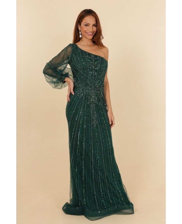 Robes de cocktail verte manche asymétrique coupe fourreau entièrement perlée