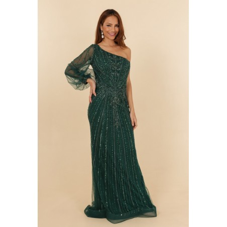Robes de cocktail verte manche asymétrique coupe fourreau entièrement perlée