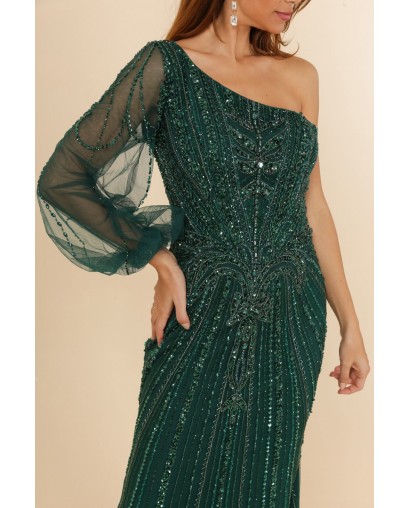 Robes de cocktail verte manche asymétrique coupe fourreau entièrement perlée