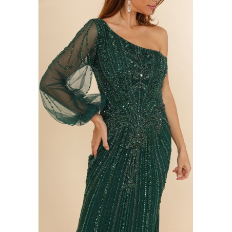 Robes de cocktail verte manche asymétrique coupe fourreau entièrement perlée