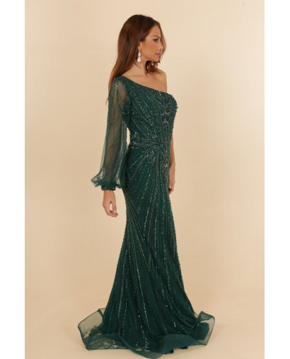 Robes de cocktail verte manche asymétrique coupe fourreau entièrement perlée