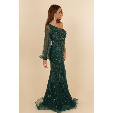 Robes de cocktail verte manche asymétrique coupe fourreau entièrement perlée