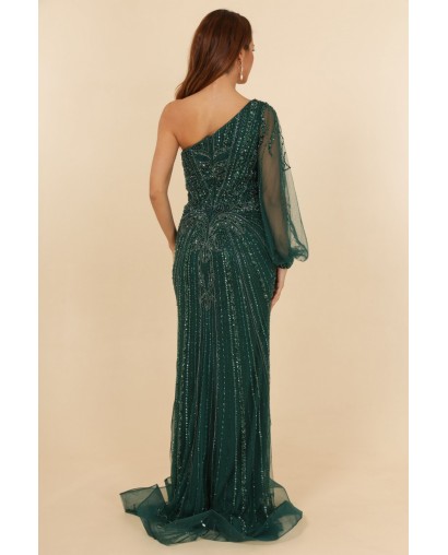 Robes de cocktail verte manche asymétrique coupe fourreau entièrement perlée