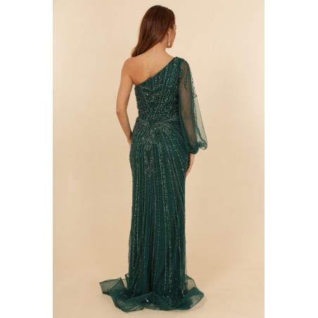 Robes de cocktail verte manche asymétrique coupe fourreau entièrement perlée