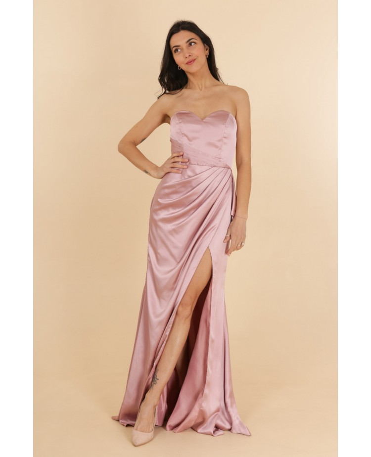 Robe de soirée satinée rose bustier coupe fourreau avec une fente Promarried