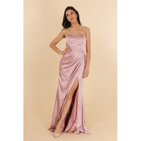 Robe de soirée satinée rose bustier coupe fourreau avec une fente Promarried