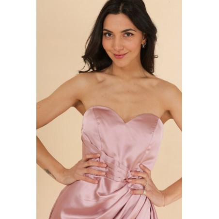 Robe de soirée satinée rose bustier coupe fourreau avec une fente Promarried