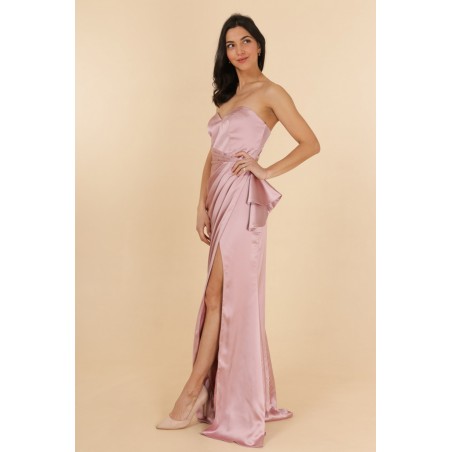 Robe de soirée satinée rose bustier coupe fourreau avec une fente Promarried