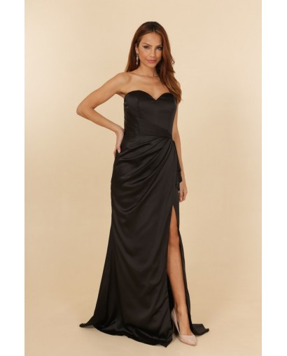 Robe de soirée satinée noir bustier coupe fourreau avec une fente Promarried