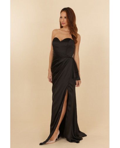 Robe de soirée satinée noir bustier coupe fourreau avec une fente Promarried