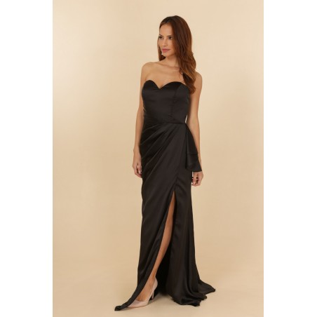 Robe de soirée satinée noir bustier coupe fourreau avec une fente Promarried