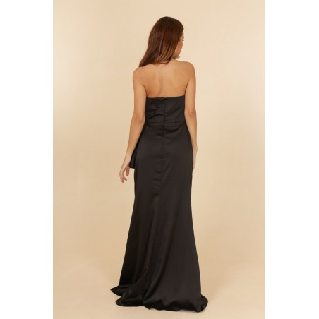 Robe de soirée satinée noir bustier coupe fourreau avec une fente Promarried