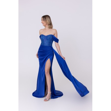 Robe de soirée bleu royale bustier coupe fourreau avec une fente Promarried