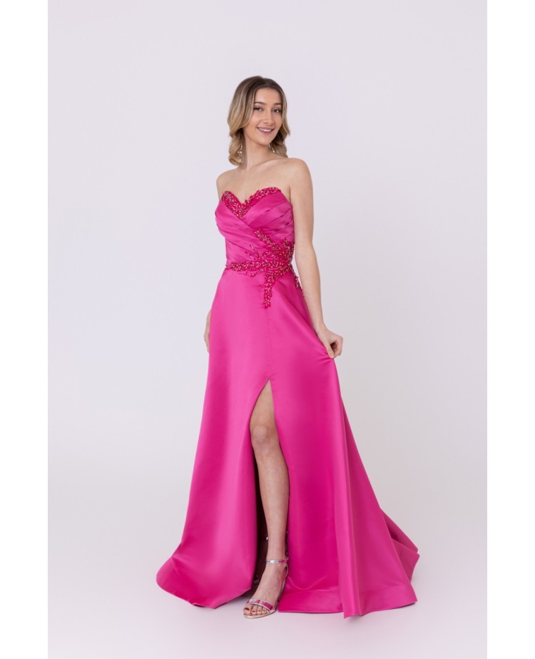 Robe de soirée bleu fuchsia bustier coupe évasée avec une fente Promarried