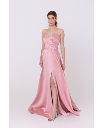Robe de soirée rose bustier coupe évasée avec une fente