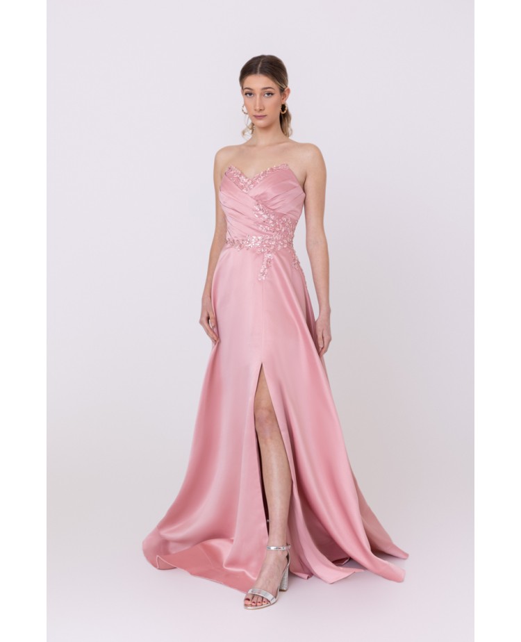 Robe de soirée rose bustier coupe évasée avec une fente