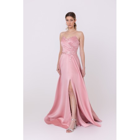Robe de soirée rose bustier coupe évasée avec une fente