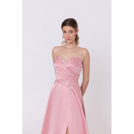 Robe de soirée rose bustier coupe évasée avec une fente