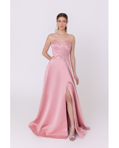 Robe de soirée rose bustier coupe évasée avec une fente