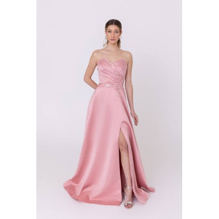 Robe de soirée rose bustier coupe évasée avec une fente