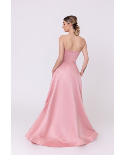 Robe de soirée rose bustier coupe évasée avec une fente