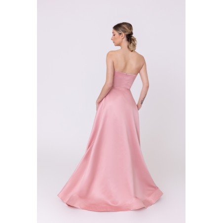 Robe de soirée rose bustier coupe évasée avec une fente