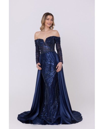 Robe de cocktail manches longues avec sur-jupe marine Promarried