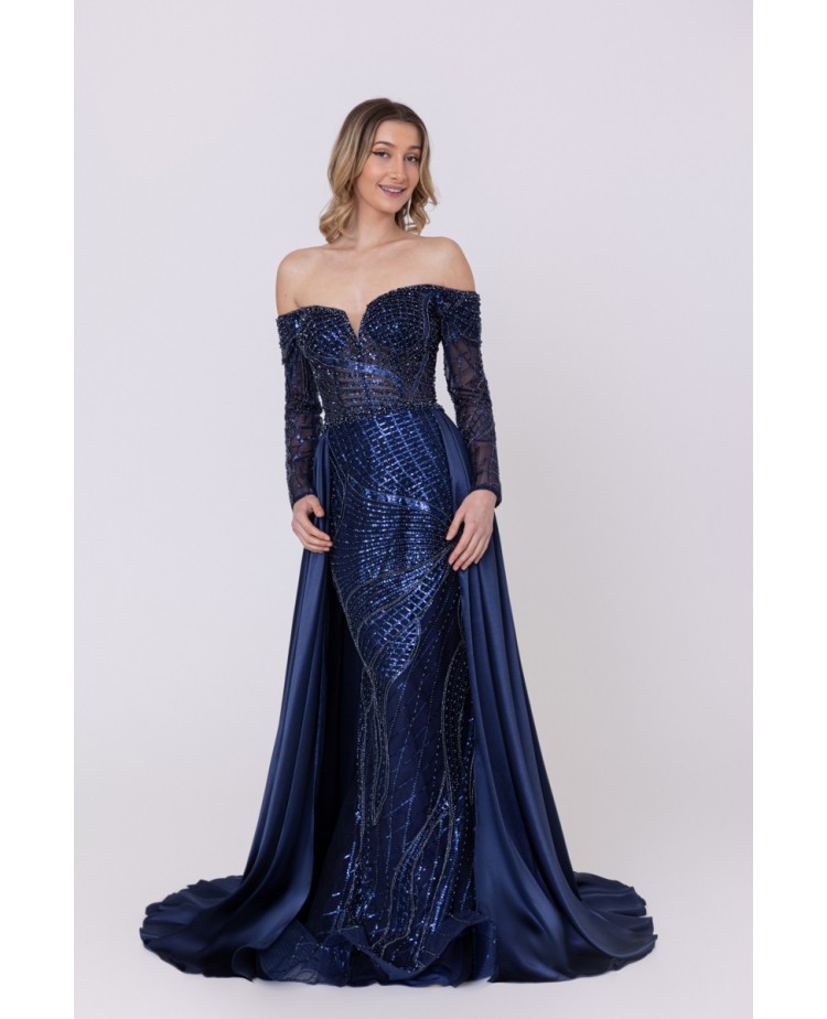Robe de cocktail manches longues avec sur-jupe marine Promarried