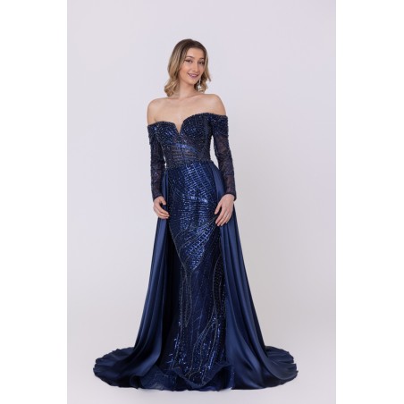 Robe de cocktail manches longues avec sur-jupe marine Promarried